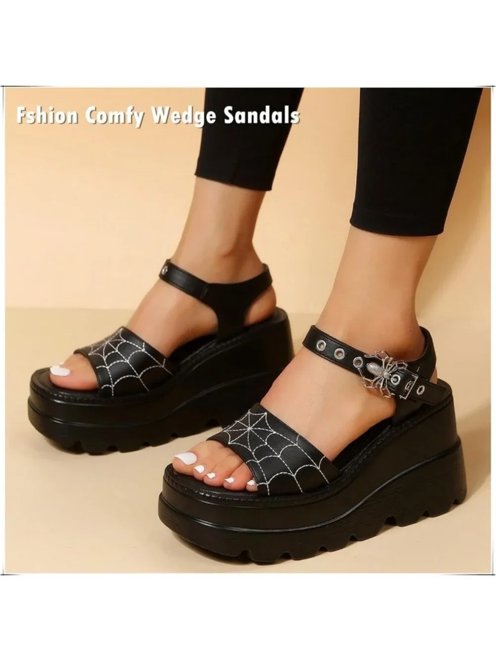 Gothic Chunky Black Platform Sandals with Metallic Spider Buckles, Sizes 5.5-11
